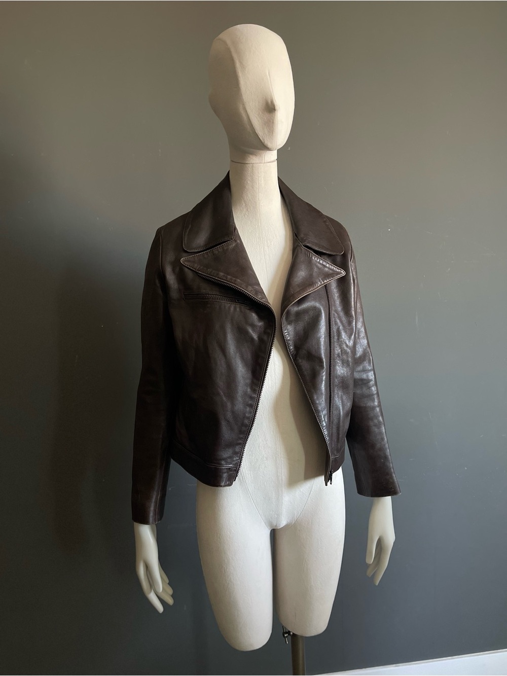Joseph Brown Italian Leather Asymmetric Moto Jacket Vintage Quiet Luxury Size M